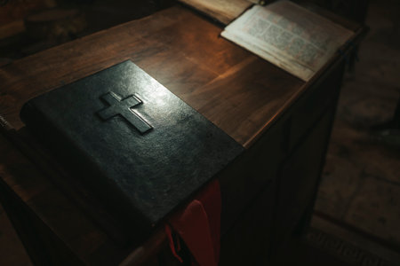 Bible on the table in a Christian church. Christianity, Bible study, religion conceptの写真素材