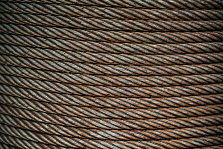 Rusty metal rope in a reel texture backgroundの写真素材