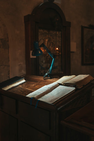 Interior of a Christian Orthodox Church with a table for reading the Bible and prayersの写真素材