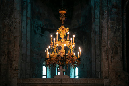 Interior of an Orthodox Georgian church with icons and an altar