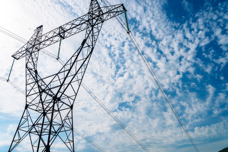 Power Lines Crossing Mountain Landscape in Georgiaの写真素材