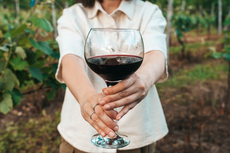 Woman Holding Glass of Red Wine in Vineyard Settingの写真素材