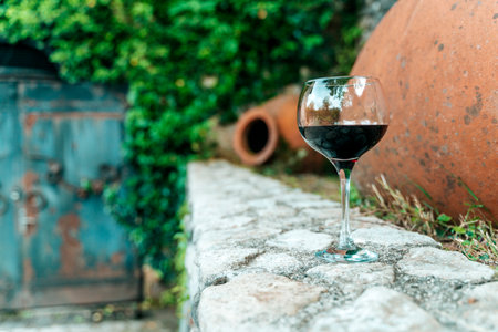 Glass of Red Wine with Traditional Georgian Qvevri in Rustic Settingの写真素材