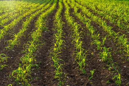 Young Corn Seedlings Sprouting on Agricultural Fieldの写真素材