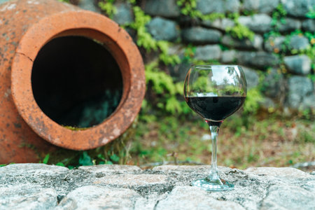 Glass of Red Wine with Traditional Georgian Qvevri in Rustic Settingの写真素材
