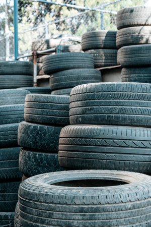 Used Worn Out Car Tires Piled Outdoors