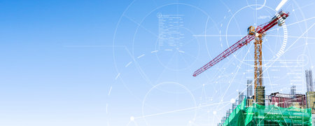Construction technology banner background. Construction site with cranes, fittings and concrete.の写真素材