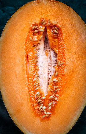 Juicy Orange Melon Cut Open with Seeds and Juiceの写真素材