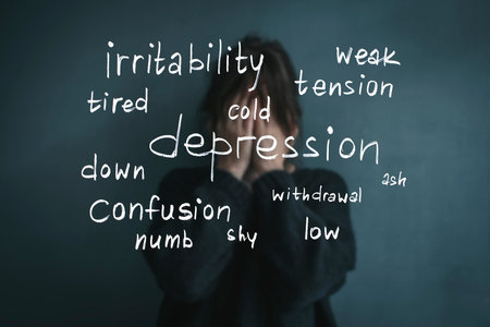 Woman in Depression with Burnout Words. Emotional Fatigue Concept