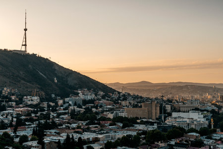 Scenic View of Tbilisi with Mtatsminda Mountainの写真素材