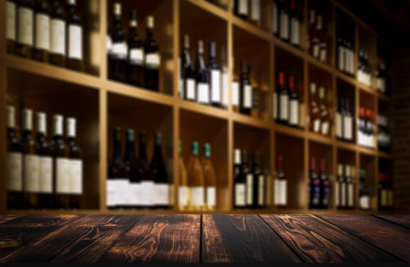 Dark Wood Table Top with Blurred Wine Bottle Shelves Backgroundの写真素材