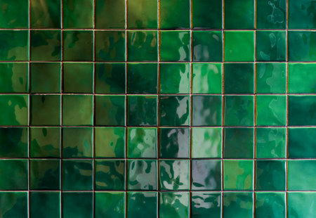 Green ceramic tile background. Old vintage ceramic tiles in green to decorate the kitchen or bathroomの写真素材
