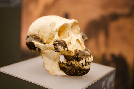 Tbilisi, Georgia - February 19, 2026 Australopithecus afarensis Fossil Skull Lucy on Display in a...