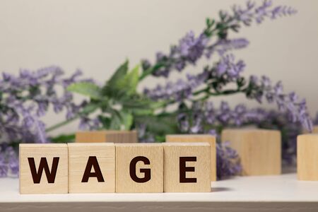 Person's Hand Protecting Wage Text On Wooden Blocks On Wooden Tableの写真素材