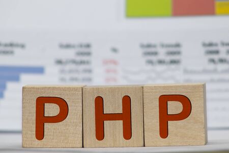 php - isolated text in wooden building blocksの写真素材