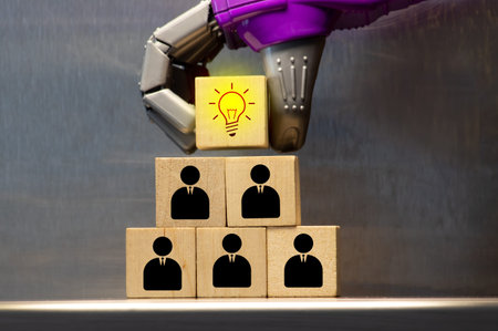 Human resource management and recruitment business concept, Hand putting wood cube block on top...