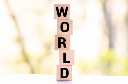 Coronavirus concept showing wooden blocks on a white background reading Worldの写真素材