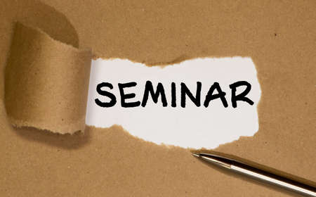 Word writing text Seminar. Business concept for Conference Academic instruction Class for small students group Trash bin crumpled paper clothespin empty reminder office supplies yellow.の写真素材