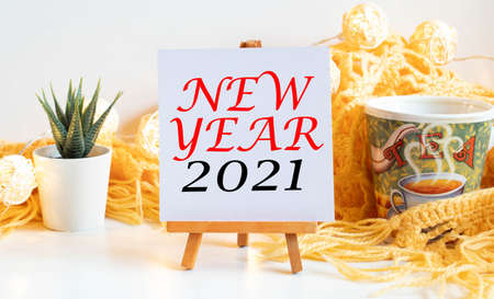 New year greeting card - horseshoe with leaf clover and ladybug - Happy New Year 2021.の写真素材