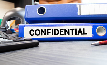 Inside of a filing cabinet with green folders and focus on confidential label.の写真素材