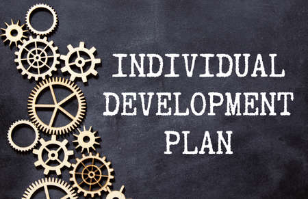 Closeup on businessman holding a card with text INDIVIDUAL DEVELOPMENT PLAN, business concept image with soft focus background and vintage tone.の写真素材