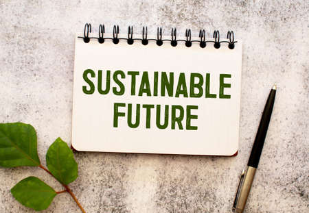 Top view of text sustainable future with calculator, magnifying glass and pen on financial charts. Business, calculation, strategy, searching and tax concept. top view.の写真素材