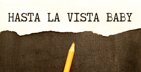 Hasta la Vista Baby Message. Recycled paper note pinned on cork board. concept image.の写真素材