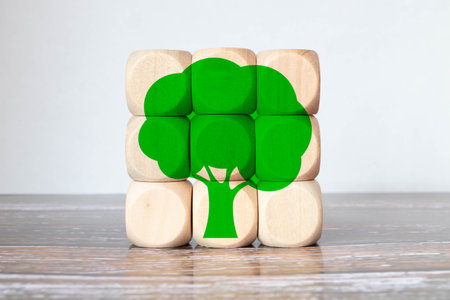 Zero emission, ecological and net zero concept. Eco friendly symbols with green leaves on wooden...