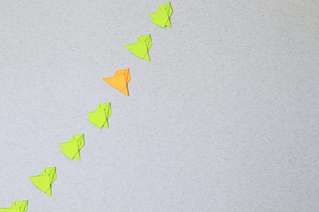 Different, Leader Individuality Concept. Unique Paper Plane Flying Up in the Sky while The Group of Failure is Falling Down. Business Metaphor Photoの写真素材