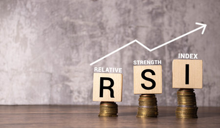 On a bright blue background, light wooden blocks and cubes with the text RSI Relative Strength Index.の写真素材