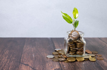 Glass jar full of euro coins and a green sprout coming out of itの写真素材