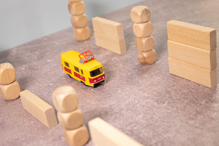 Prague, Czech Republic - June 2022: Red vintage tram public transport on the streets of Pragueの写真素材