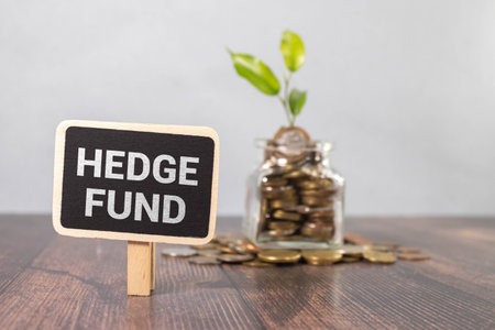 HEDGE FUND text on a sticky pen on the wooden backgroundの写真素材