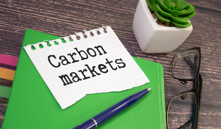CARBON MARKETS. text on white paper near dollar billsの写真素材