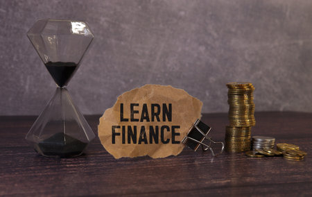 Learn finance. Text label in the planning notebook. Knowledge of economic relations in the distribution and use of monetary funds.の写真素材