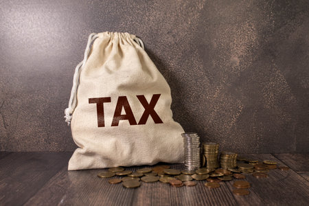 Wooden cubes with the word Tax on money climbing staits, pile of coins ,Tax Concept background closeup.の写真素材