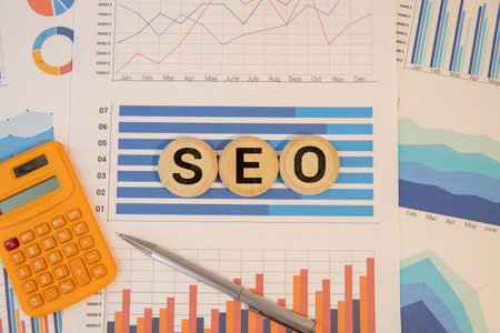 SEO - Search Engine Optimization symbol. Wooden blocks with words SEO. Businessman hand. Beautiful gray background. Business and SEO concept. Copy space.の写真素材