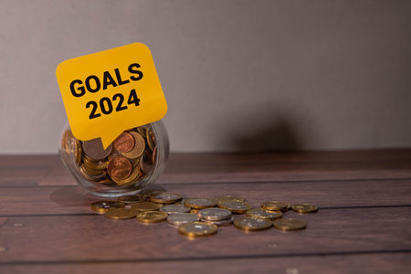 The inscription goals 2024 on a piece of paper in a jar filled with coins on a wooden table, top...