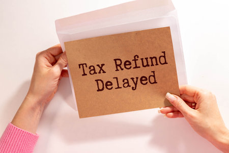 Sticky note with the text Tax Refund Delayed on Income Tax form background with calculator.の写真素材