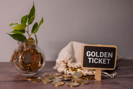 Text caption presenting Golden Ticket. Business showcase Rain Check Access VIP Passport Box Office Seat Event School Office Supplies, Teaching Learning Collections, Writing Tools,の写真素材