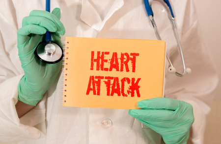Doctor holding clipboard with heart attack text on a sheet of paper on white backgroundの写真素材