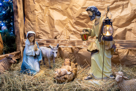 Wooden figurines of Joseph Mary and Jesus of a nativity scene Christmas crecheの写真素材