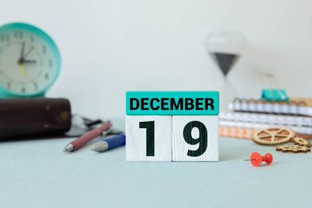 December 19 text on wooden blocks with blurred background. Copy space and calendar concept.の写真素材