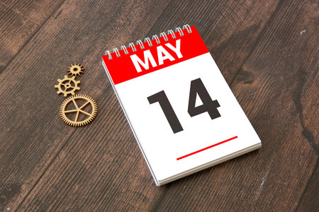 14 fourteenth day May Month Calendar Concept on Wooden Blocks. Close up.の写真素材