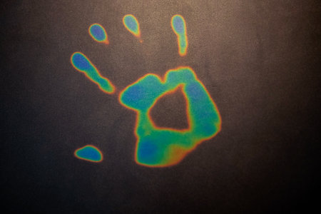 handprint on glass covered with hoarfrost, right palm, melted ice under the print. traces of a human hand on the window. cold season, no heatingの写真素材