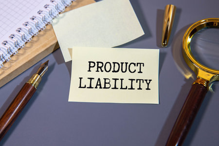 Product liability message written on white paper with blurry lake background. Conceptual product liability symbol. Copy space.の写真素材