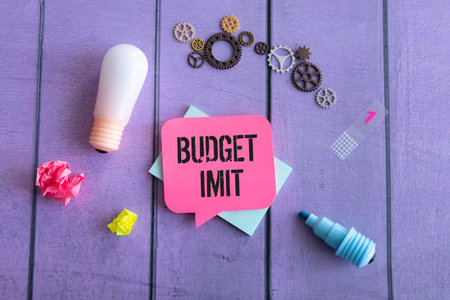 Business concept. On the table is a notebook, a calculator, a pen and a business card with the inscription - budget limit.の写真素材