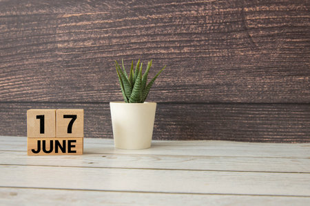 17 June wooden calendar with customizable space for text or ideas. June month conceptの写真素材