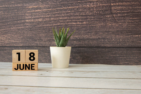 18 June wooden calendar with customizable space for text or ideas. June month conceptの写真素材