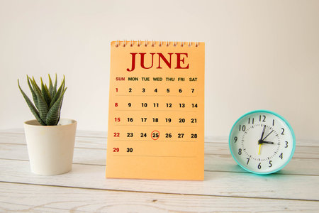June 25th. Image of june 25 wooden color calendar on white background. Summer day. Empty space for textの写真素材
